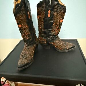 Bodacious Boot Co. Black w/Orange Goat and Calf Leather Inlays - 7.5